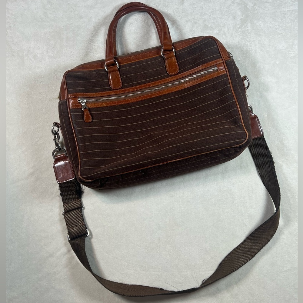 Mulholland Cotton Canvas Leather Made in England Classic Briefcase Striped